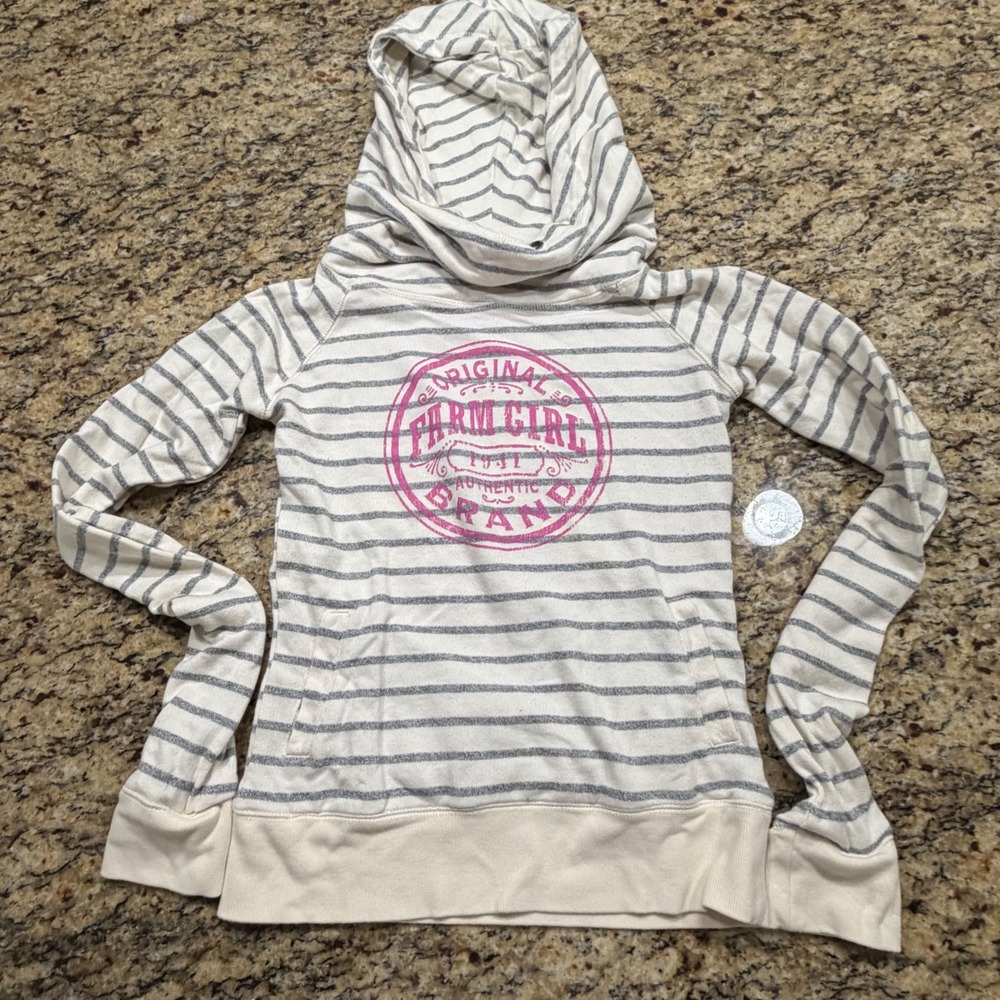 Farm Girl Authentic Brand Womens‎ Small Hoodie Striped Pink Graphic Pullover